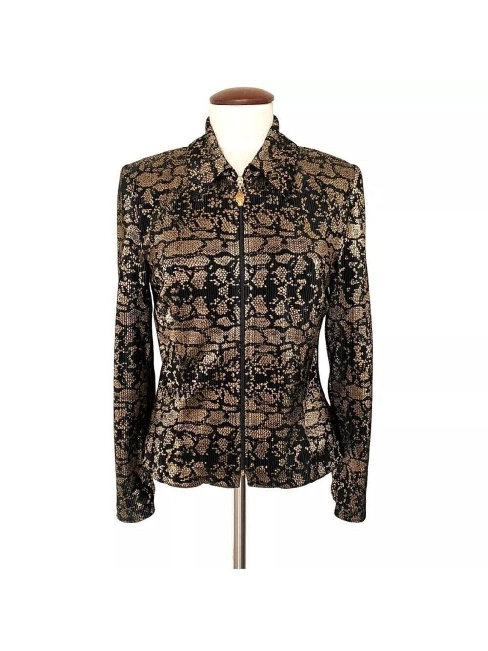 Vintage Joseph Ribkoff Trends Black Gold Ribbed Full Zip Jacket Lined Sz 10